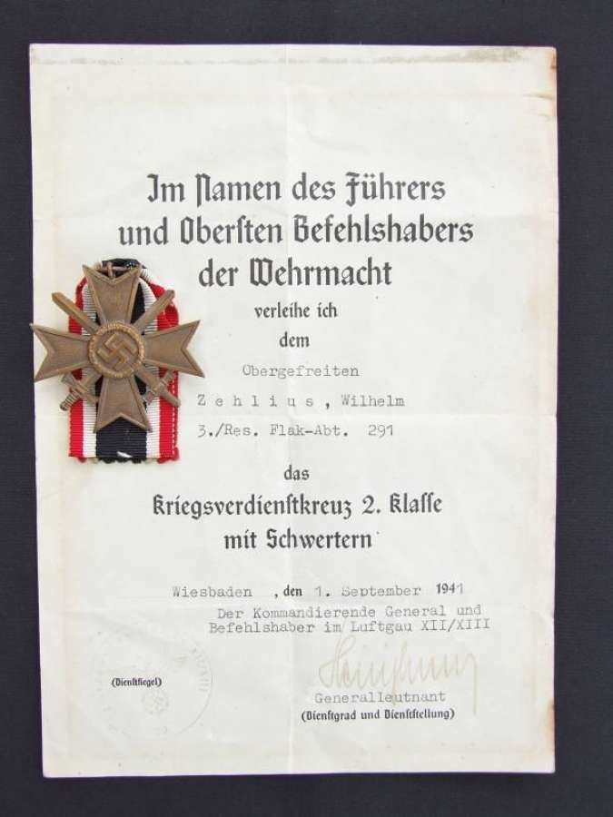 War Merit Cross Second Class With Luftwaffe Award Certificate