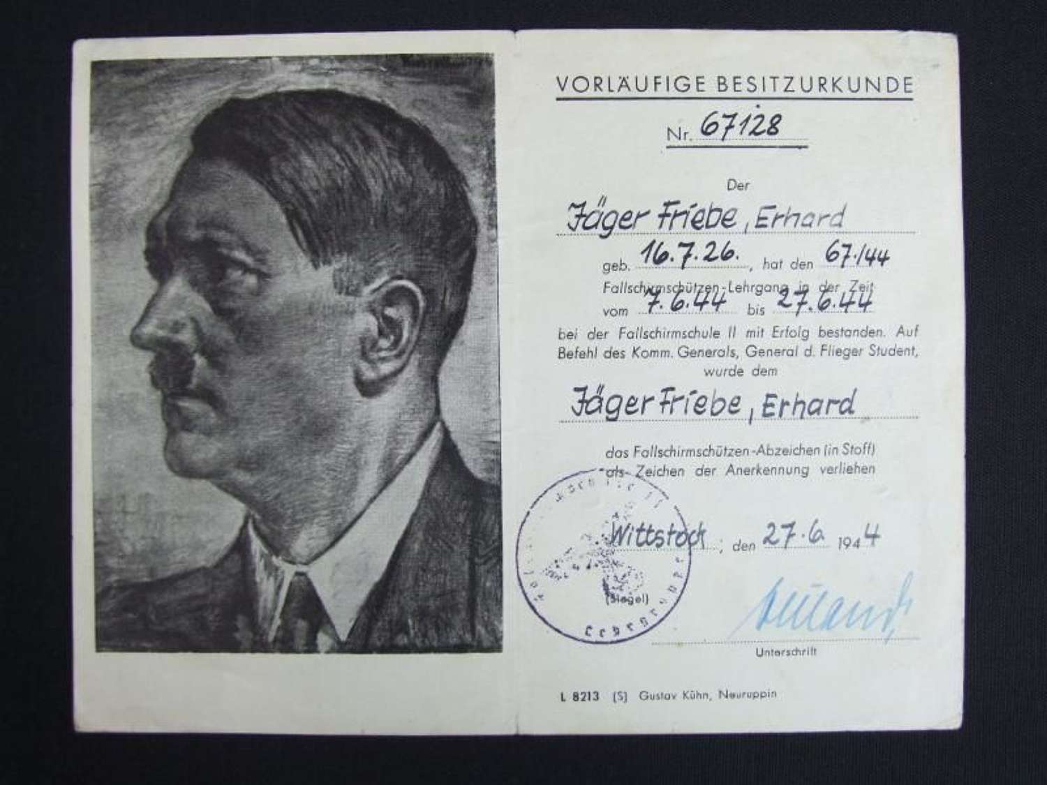A Preliminary Document for the Fallschirmjager Badge With Badge