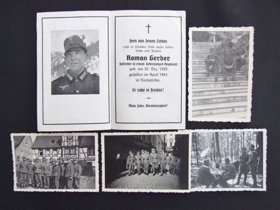 Death Card and Photographs to Gebirgsjager  Killed in North Africa
