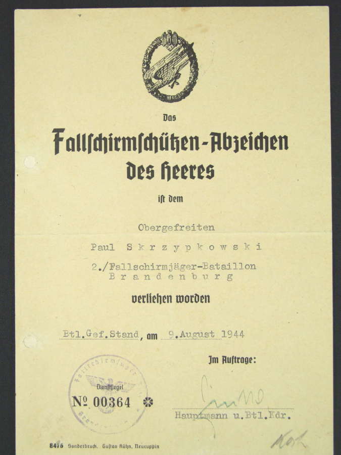 Award Document for the Army Parachutist’s Badge, Brandenburger