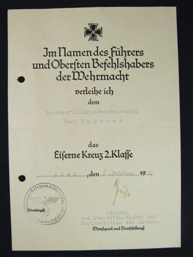 Kriegsmarine Coastal Artillery Iron Cross Second Class Certificate