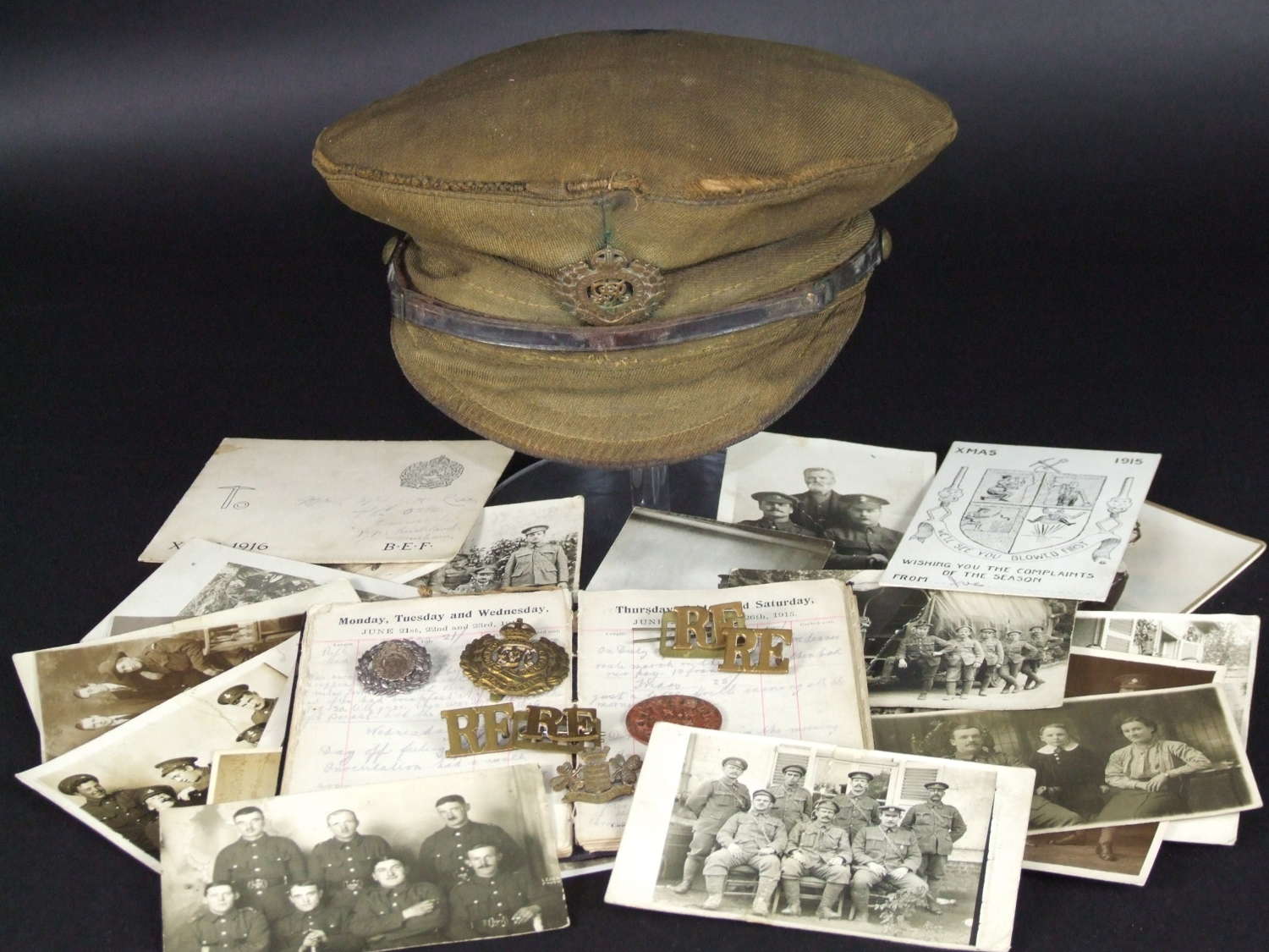 British WW1 Tunnellers Diary, Trench Cap and Photographs