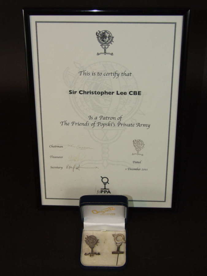 Friends of Popski's Army Christopher Lee Certificate and Badges