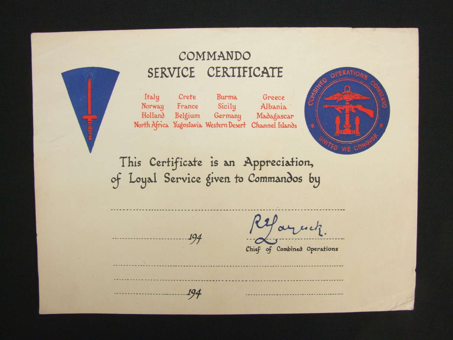 Original Unissued Commando Certificate of Service