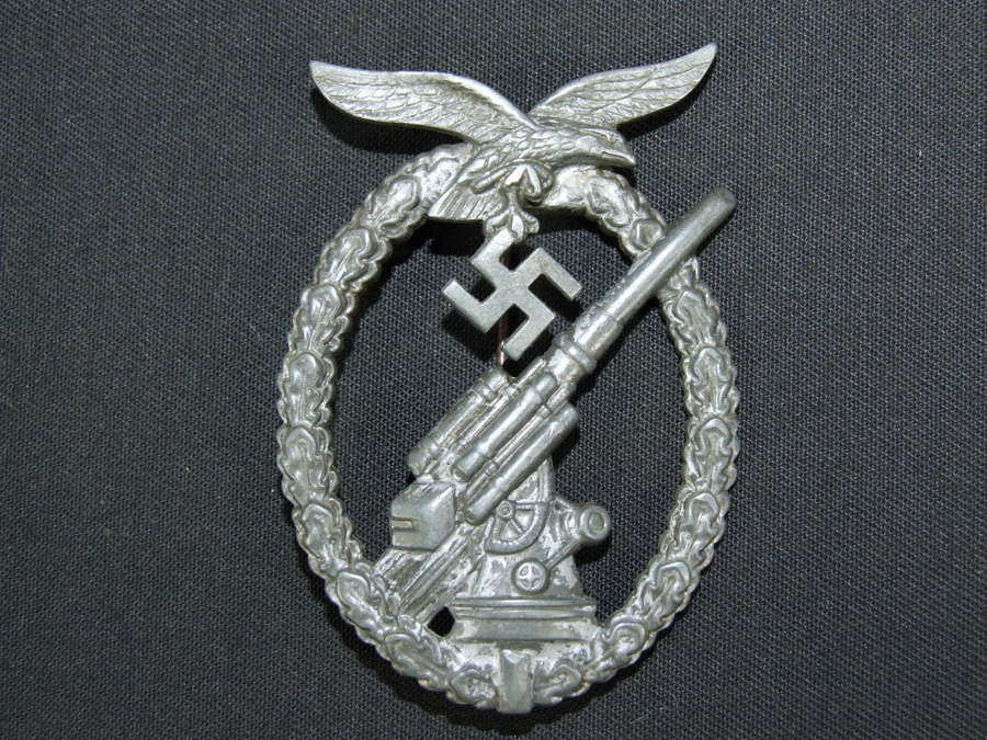 Luftwaffe Flak Badge in Zinc with Ball Hinge. Adolf Scholze