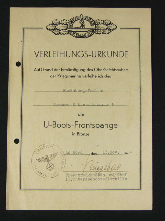 Kriegsmarine Award Certificate for the U Boat Combat Clasp in Bronze