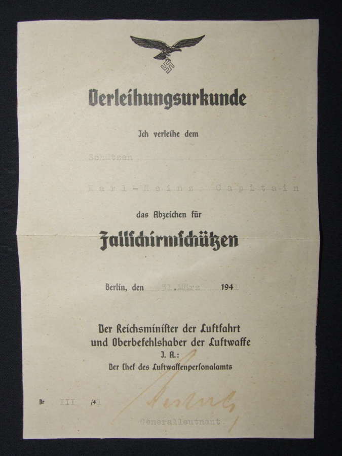 Luftwaffe Fallschirmjager Badge Award Certificate