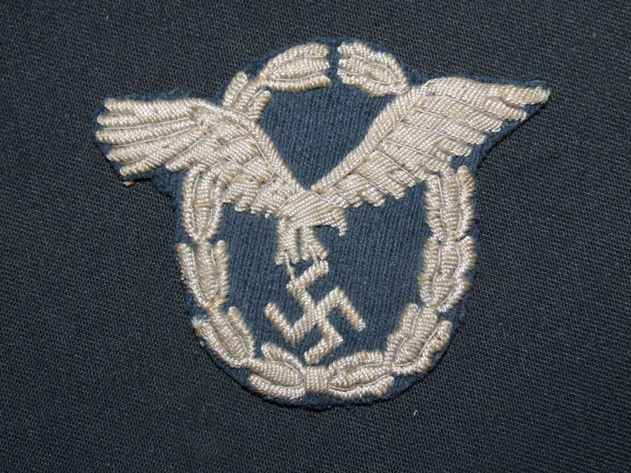 Luftwaffe Pilots Badge in Hand Embroidered Celleon or Silk Thread