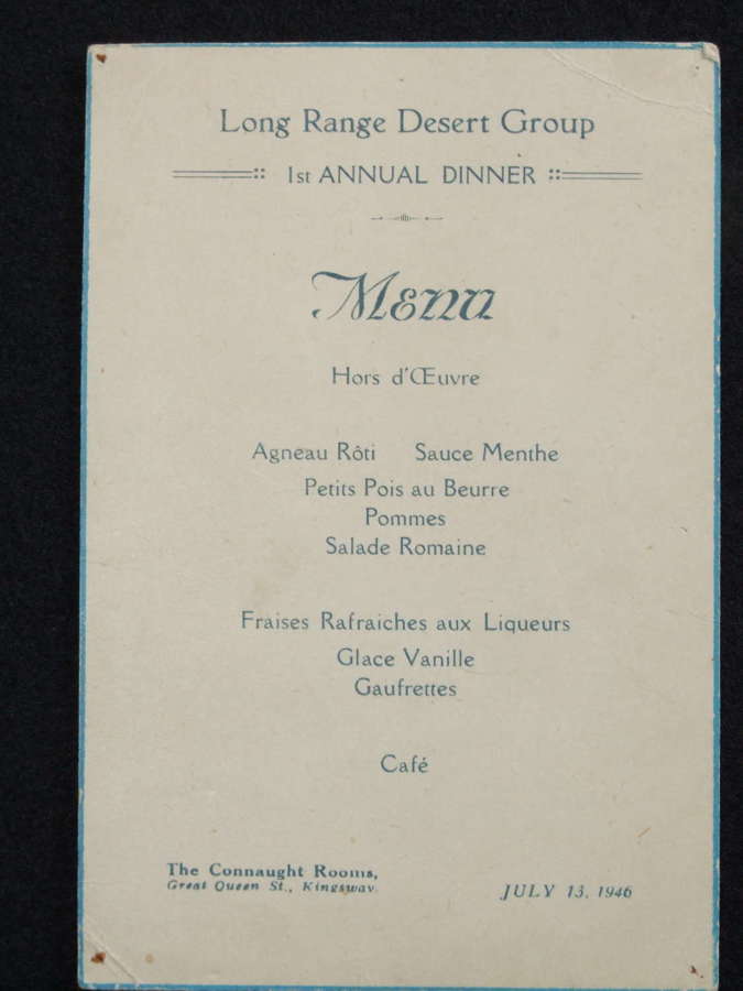 LRDG 1st Annual Reunion Dinner Menu July 1946