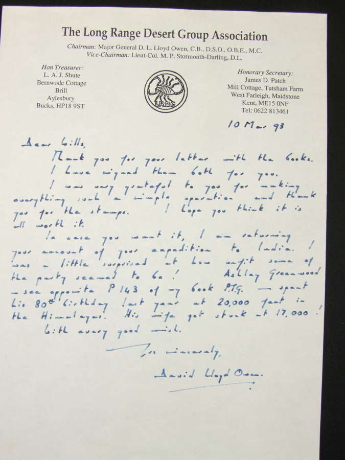 Long Range Desert Group Letter signed by David Lloyd Owen 1993