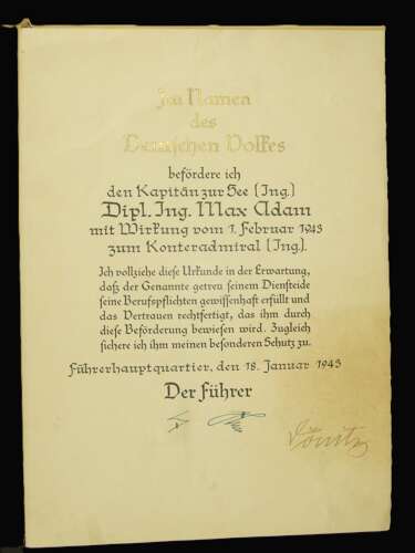 Original Grand Admiral Karl Donitz Signature on Promotion Document.