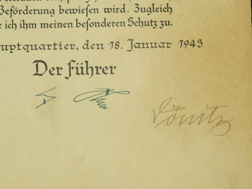Original Grand Admiral Karl Donitz Signature on Promotion Document.