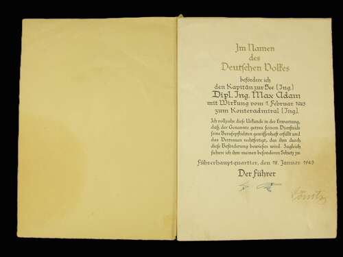 Original Grand Admiral Karl Donitz Signature on Promotion Document.