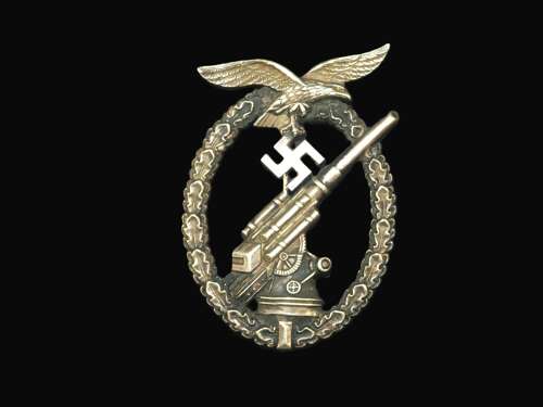 Luftwaffe Flak Badge in Nickel Silver. Ball Hinge